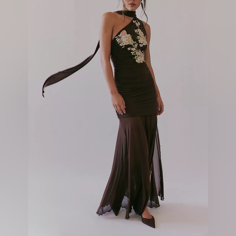 Free People by Saemdi Mesh Embroidered One Shoulder Maxi Dress Size L